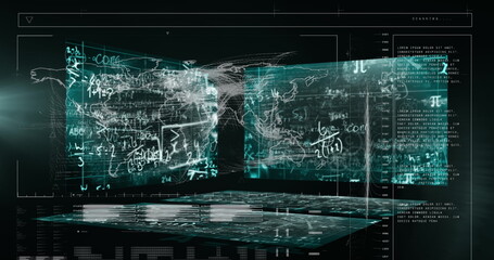Wall Mural - image of graphical infographic interface with programming data, mathematics formulas and map