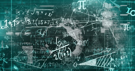 Wall Mural - image of mathematical equations and data processing on green background