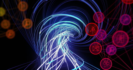 Wall Mural - Image of connections and blue lines on black background