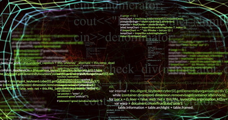 Wall Mural - image of data processing over grid on black background