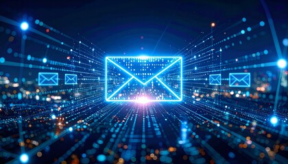 Digital email icon glowing in futuristic city background. Abstract concept of global communication and fast internet.