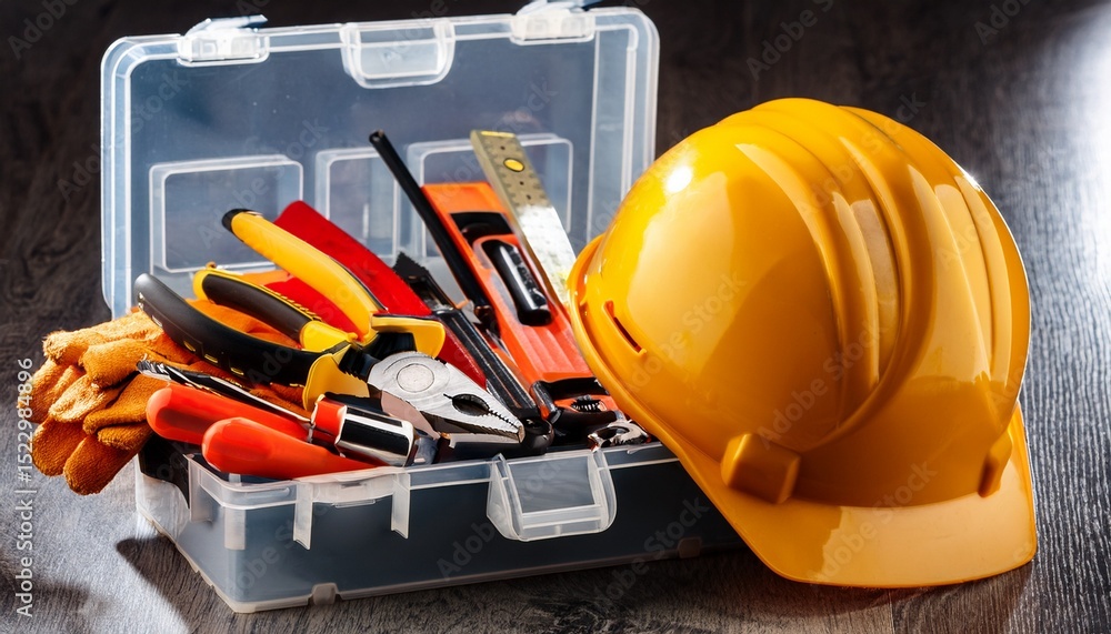 open plastic tool kit box with construction safety helmet and various ...