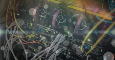 Wall Mural - image of dots and lights over computer wires