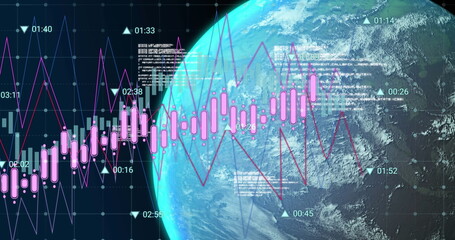 Wall Mural - image of data processing over globe on black background