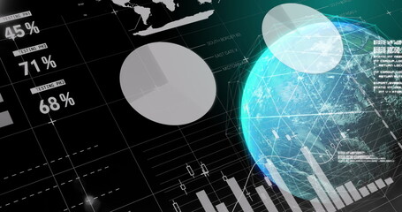 Wall Mural - image of data processing and network of connections over globe on black background