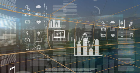 Wall Mural - image of tech icons and data over cityscape