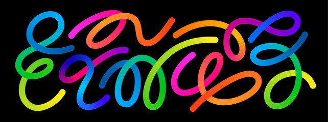 Poster - Color Line Gradient Shape. Abstract Pattern with 3D Graphic Elements on Black Background. Vector Wavy and Curved Rainbow Ribbons. A Set of Squiggly Swirl Color Lines