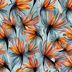 Wall Mural - vibrant floral pattern featuring bold orange and black abstract flowers on a light blue background c