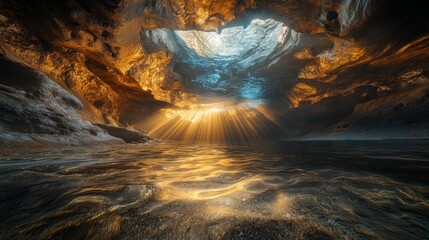 Wall Mural - a mesmerizing underwater scene bathed in golden light. the sun shines through a celestial opening. n