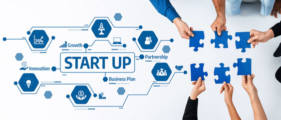 Fototapete - A visually engaging representation of teamwork in a startup environment, showcasing collaboration, innovation, and strategic business planning through puzzle pieces. Amity