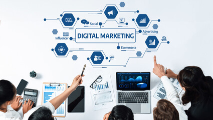 Fototapete - A diverse team collaborates on digital marketing strategies, utilizing various tools and data analytics to drive effective advertising and ecommerce solutions. Amity