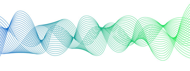 Poster - Abstract wave design with a series of flowing, overlapping sinusoidal curves in a gradient. Clean white background, with wave line with sense of motion and fluidity. Sound waves or light frequencies
