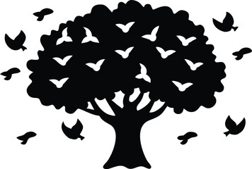 tree silhouette with flying birds and nature elements