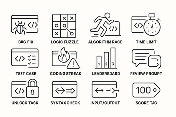 Programming challenge icons: bug fix, logic puzzle, algorithm race, coding streak, leaderboard
