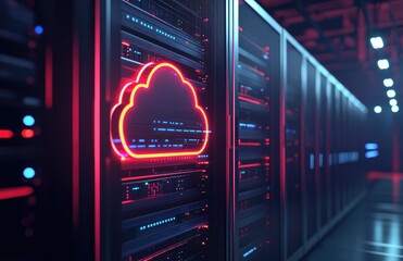 Aufkleber - Red neon cloud icon on a digital server in a futuristic data center, symbolizing cloud computing, ideal for IT infrastructure, cybersecurity campaigns, and modern data technology visual content