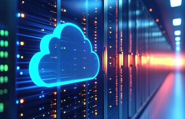 Aufkleber - Blue glowing cloud symbol in modern server room with vibrant lights representing cloud computing technology, ideal for IT infrastructure, cybersecurity visuals, and digital network solutions