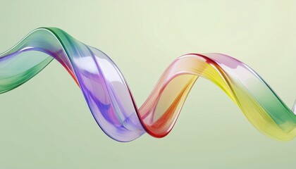 Poster -  fluid glass wave ribbon in rainbow spectrum colors on soft green background, abstract 3d shape for web design, branding, digital art, or minimalist print media concept