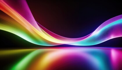 Poster -  vibrant multicolor neon lightwave curve on black background with glossy reflection for modern web design, tech branding, abstract print, or futuristic digital interface concept