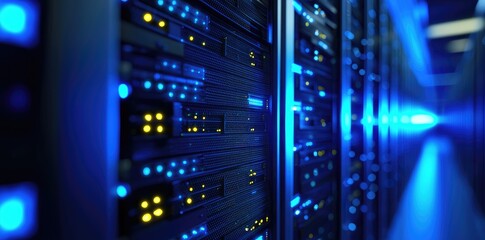 Aufkleber - Close-up view of glowing blue and yellow lights on modern data server racks in a high-tech server room with blurred depth and digital atmosphere