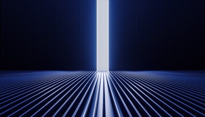 Poster -  futuristic blue corridor with vertical light beams and ribbed texture for sci-fi concept design, digital background, abstract branding, or high-tech web interface element
