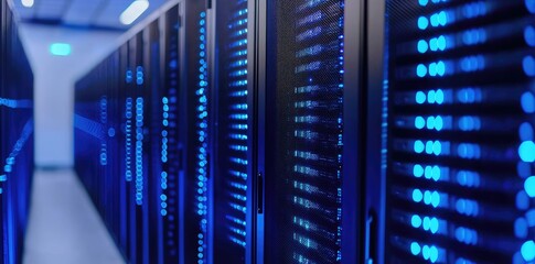 Aufkleber - Blurred perspective of high-tech data center server racks with glowing blue LED indicators in a modern and secure digital infrastructure corridor