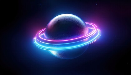Leinwandbilder -  glowing neon planet with vibrant pink and blue energy rings on dark space background for web design, branding, digital art, and futuristic print media