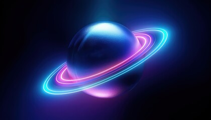Poster -  glowing neon planet with vibrant pink and blue energy rings on dark space background for web design, branding, digital art, and futuristic print media