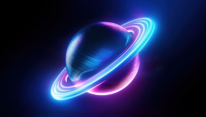 Poster -  glowing neon planet with vibrant pink and blue energy rings on dark space background for web design, branding, digital art, and futuristic print media