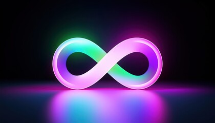 Poster - 3d glowing infinity symbol with vibrant neon gradient on dark background for web design, branding, digital art, tech visual, or futuristic concept illustration