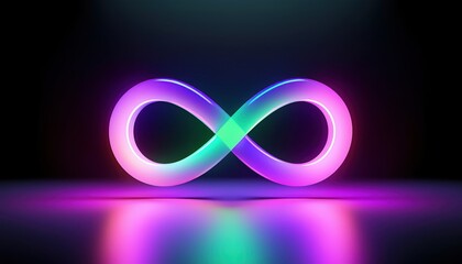 Poster - 3d glowing infinity symbol with vibrant neon gradient on dark background for web design, branding, digital art, tech visual, or futuristic concept illustration