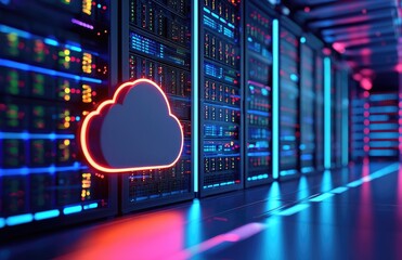 Aufkleber - Modern 3D illustration of cloud computing infrastructure with red neon cloud icon in a vibrant server room, representing data processing, networking, and digital storage