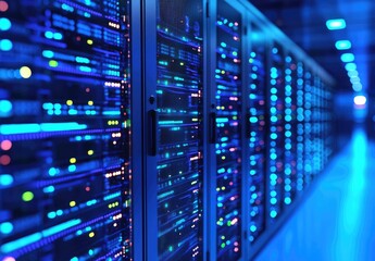 Aufkleber - 3D rendering of modern data center interior with rows of glowing blue server racks, representing high performance computing, storage infrastructure, and digital networking