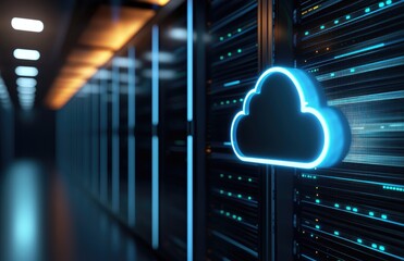 Aufkleber - 3D illustration of cloud computing infrastructure with glowing neon cloud icon on server racks, representing data center technology, storage, and digital network environment
