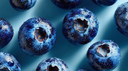 Wall Mural - a cluster of blue doughnuts resting atop a blue background with water droplets splashing onto them