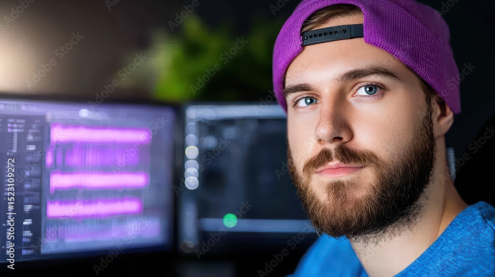Young man with beanie working on computer setup with screens displaying ...