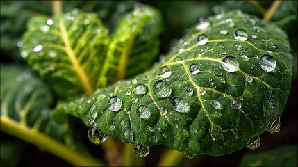 Wall Mural -   A sharp image of a green foliage leaf with wet droplets against a yellow-leafed background plant