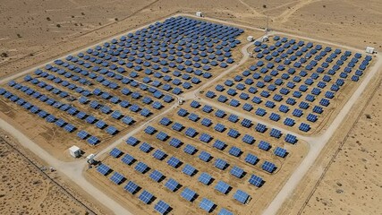 Large solar panel farm in a desert landscape.