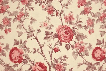  Beautiful floral fabric pattern with red roses and green leaves on a cream background, perfect for home decor projects and upholstery
