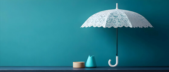 White Lace Umbrella On Teal Background