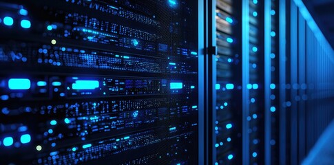Aufkleber - Detailed close-up of illuminated server units with glowing blue panels in a high performance data center corridor, representing advanced networking and digital cloud systems