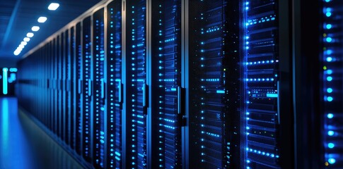Aufkleber - Long hallway of advanced server cabinets illuminated with blue LED lights in a futuristic data center, ideal for themes of cloud storage, network systems, and digital security