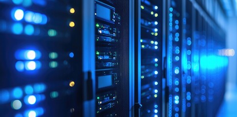 Aufkleber - High tech server room with rows of glowing blue hardware units and illuminated panels, representing modern cloud computing and secure data infrastructure environments