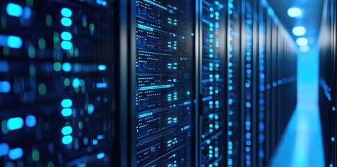 Aufkleber - Brightly lit corridor of high performance servers with glowing blue indicators, representing advanced data infrastructure, storage technology, and cloud network operations