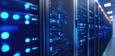 Aufkleber - Modern server room corridor filled with blue illuminated server racks and cooling units, symbolizing cutting-edge data processing and secure cloud infrastructure technology