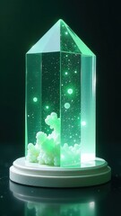 Wall Mural - Green crystal shaped like a pyramid sits on a white pedestal. The crystal is illuminated