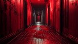 Red horror hallway blood scene spooky scary dark creepy nightmare haunted house corridor room interior