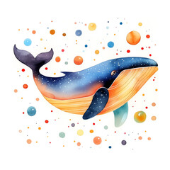 watercolour cartoon illustration colourful whimsical cosmic wale, suitable for t-shirt, postcard, ch