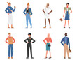 © Flash Vector - People standing vector illustration set. Cartoon happy elderly and young man woman character standing, hipster student villager doctor policeman businessman and businesswoman smiling isolated on white