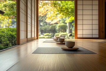 Poster - Serene traditional Japanese room overlooking a tranquil garden with vibrant autumn foliage in the late afternoon light