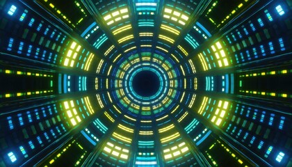 Poster -  futuristic glowing tunnel with concentric rings of blue, yellow, and green light bars in a radial pattern for sci-fi interface, tech branding, web design, or digital media background